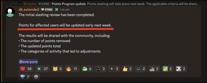 A Discord message from user dk.extended about a 'Points Program update' stating 'The initial slashing review has been completed,' with a highlighted line reading 'Points for affected users will be updated early next week.'