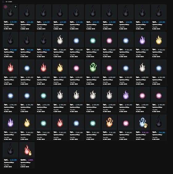 A grid of NFT icons from the "Ignis" collection displays small flame and orb sprites with "Spit" labels and prices in ETH. The image relates to the post by showcasing the colorful NFT collection being purchased, with the most recent items (bottom row) priced at 0.4825 and 0.4822 ETH.
