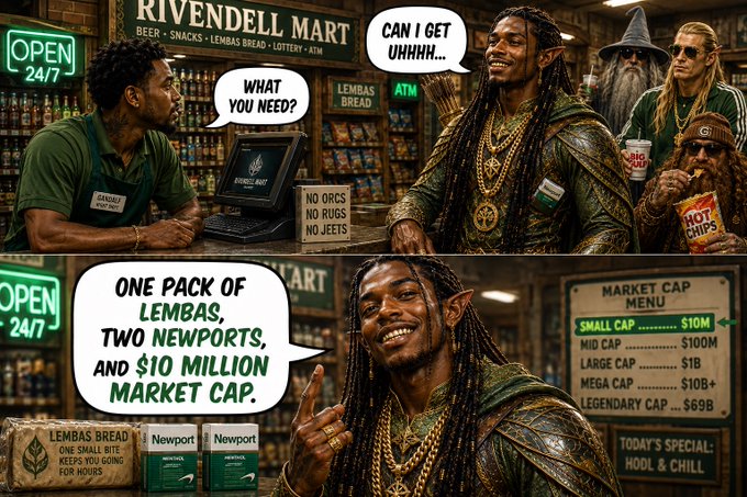 A comic-style image shows a "RIVENDELL MART" where a customer asks for "ONE PACK OF LEMBAS, TWO NEWPORTS, AND $10 MILLION MARKET CAP," with a menu listing tiers from "SMALL CAP... $10M" to "LEGENDARY CAP... $69B."