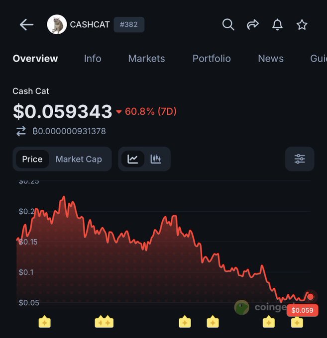 A cryptocurrency price chart for "CASHCAT" (#382) showing a dramatic decline from $0.20+ to $0.059343, representing a 60.8% drop over 7 days — illustrating the steep losses that the post mocks buyers who "bought the top, again."