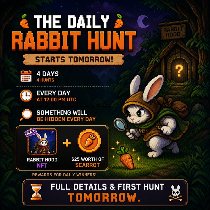 A pixel-art rabbit holding a magnifying glass stands beside a door marked "Rabbit Hood" in a forest setting, promoting "THE DAILY RABBIT HUNT" starting tomorrow with details including 4 days/4 hunts at 12:00 PM UTC, featuring rewards of a Rabbit Hood NFT plus $25 worth of $CARROT for daily winners.