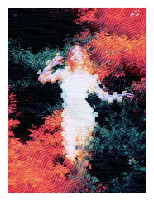 An artistic, glitch-style photograph of a woman in a white dress standing among vibrant red and orange autumn foliage, with a pixelated, distorted visual effect applied to the image.