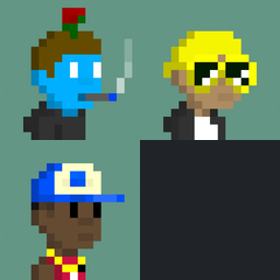 Pixel-art characters including a blue-skinned figure in a hat, a blonde man with glasses, and a person wearing a blue cap, arranged on a dark green and black background.