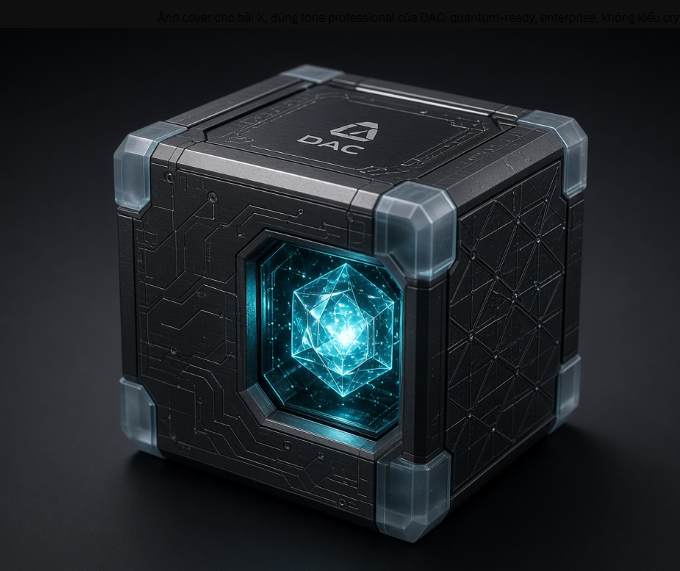 A futuristic black cube with glowing cyan geometric core and circuit-like engravings displays the "DAC" logo on top, reinforcing the post's message about DAC Chain being a foundational, enterprise-grade infrastructure rather than just another blockchain competitor. The quantum-ready, cryptographic aesthetic visually embodies the emphasis on verifiable records and tamper-proof processes that remain secure even as threat models evolve.