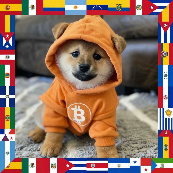 The image features a small dog wearing an orange hoodie with a white "B" logo on its chest. The dog appears to be sitting or standing, possibly posing for a photo. The background of the image includes various flags from different countries, including the United States and Mexico. The caption at the bottom of the post reads: 
"To everyone in the $DOG Army who speaks Spanish, make sure to follow this profile! @DogArmyHispano".