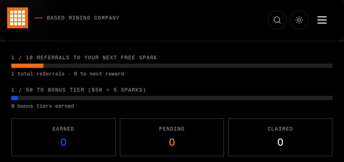 A dark-themed dashboard for a 'BASED MINING COMPANY' showing a referral progress bar (1/10 referrals), bonus tier tracking (1/50), and counters for earned, pending, and claimed amounts.