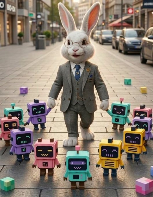 A white rabbit in a gray three-piece suit and round glasses walks down a city street surrounded by small colorful pixel robots.