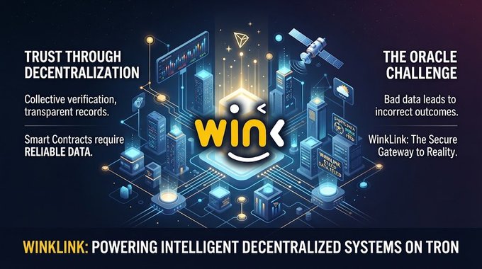 Promotional graphic for WinkLink titled 'TRUST THROUGH DECENTRALIZATION' and 'THE ORACLE CHALLENGE', emphasizing smart contracts, collective verification, and reliable data on the TRON network.