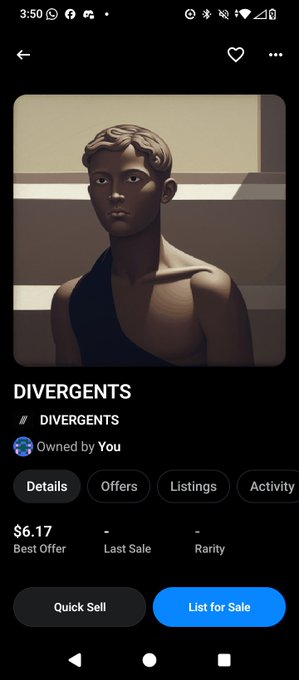 A mobile app screenshot displaying an NFT marketplace listing titled "DIVERGENTS" for 0.04 ETH (showing $6.17 best offer), featuring a 3D rendered bust of a dark-skinned character.