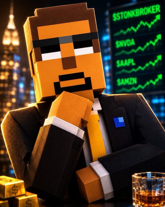 A pixelated, Minecraft-style character in a black suit and yellow tie appears in front of a stock ticker showing 'SSTONKBROKER', '$NVDA', '$AAPL', and '$AMZN' with rising green arrows, alongside gold bars and a glass of whiskey.