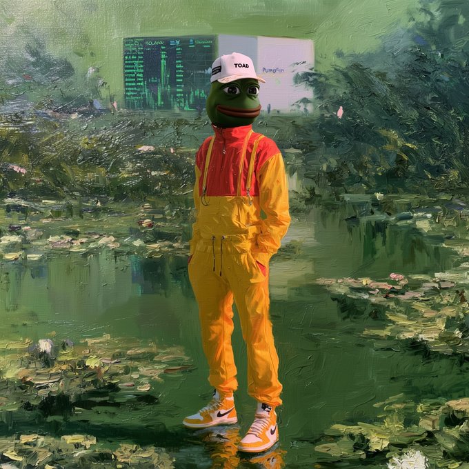 A digital painting of a Pepe the Frog character wearing a white 'TOAD Pumpfun' cap, a yellow and orange outfit, and sneakers, standing in a Monet-style lily pond with trading charts floating in the background.