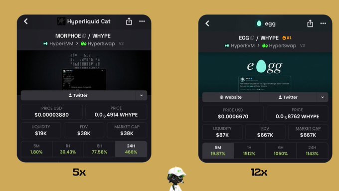 A screenshot showing two HyperEVM meme token pairs: MORPHOE/WHYPE at $0.00003880 with a 466% 24H gain (5x) and EGG/WHYPE #1 at $0.000670 with an 1143% 24H gain (12x), both traded on HyperSwap v3—visually highlighting the post's theme of massive meme pumps on HyperEVM, including MORPHOE's 5x and EGG's 130x surge.