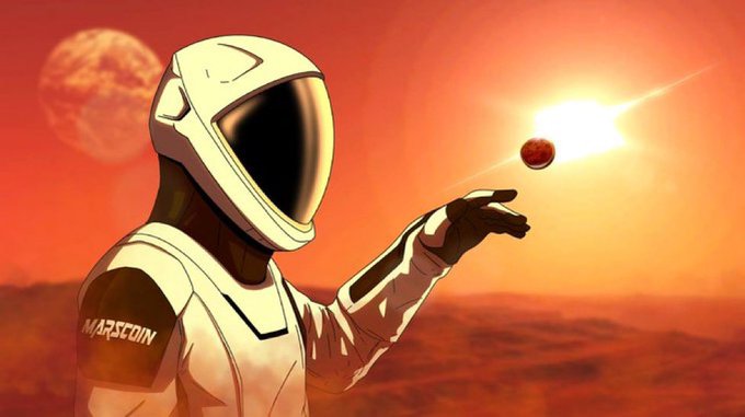 A digital illustration shows an astronaut wearing a spacesuit labeled 'MARSCOIN' holding a small Mars-like planet on their fingertip against a red Martian landscape with a bright sun and a planet in the sky.