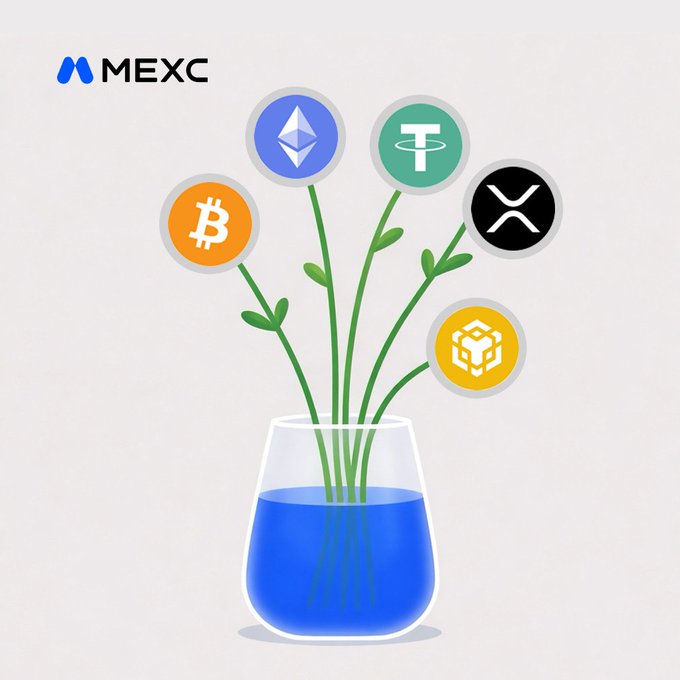A MEXC cryptocurrency exchange promotional graphic showing stylized flowers in a blue vase, with coin icons representing Ethereum (ETH), Tether (USDT), Bitcoin (BTC), XRP, and BNB as the blossoms.