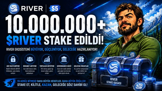 The image shows a man with a beard and mustache wearing a green shirt, holding a chest full of coins at an angle that shows off his collection. Below him, there's text promoting the game "River stake edildi" which implies the theme could be about rivers or related to the game itself.