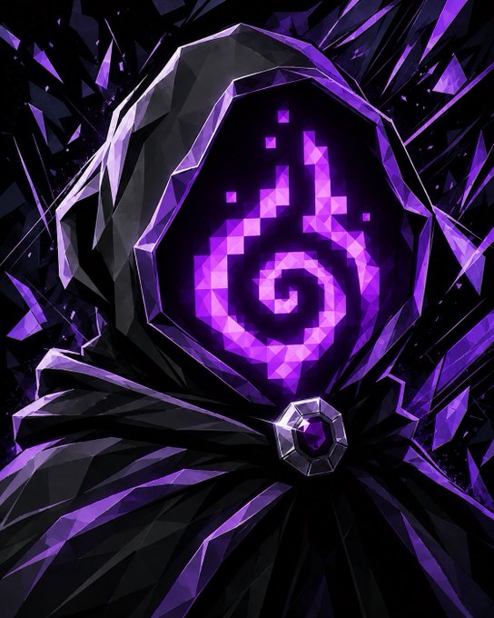 A digital artwork depicting a dark hooded figure with a glowing purple pixelated spiral symbol where the face would be, set against shattered purple crystals.