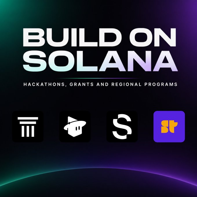 A promotional graphic reading 'BUILD ON SOLANA' featuring 'HACKATHONS, GRANTS AND REGIONAL PROGRAMS' with four project logos below.