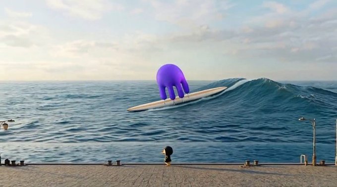The image features a purple jellyfish-like creature floating above a body of water, possibly an ocean or sea. The creature appears to be riding a surfboard that is positioned over the water's surface. In the background, there are several people enjoying their time near the shoreline. A person can also be seen standing on a pier next to the water.