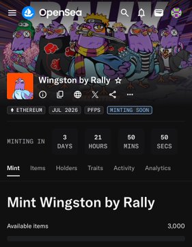 The image shows an OpenSea minting page for "Wingston by Rally" with a 3-day countdown timer, 3,000 available items, and a free mint tag on the Ethereum network—promoting the eligibility-based Wingston GTD giveaway from @RallyOnChain.