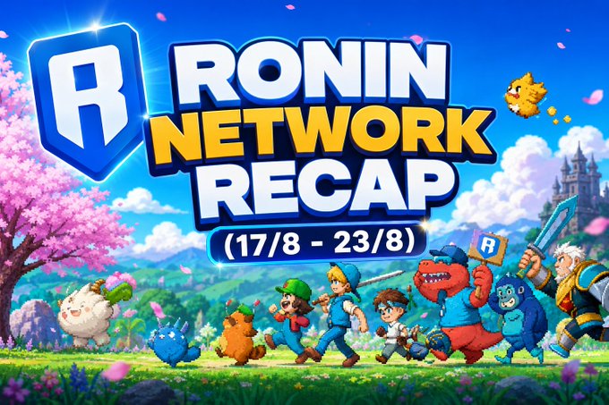 A promotional banner for 'RONIN NETWORK RECAP (17/8 - 23/8)' featuring various colorful game characters running through a vibrant landscape with cherry blossoms.