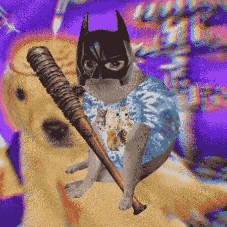 A surreal digital artwork of a cat wearing a Batman mask and a kitten-print shirt, holding a wooden bat against a glitchy purple and yellow background.