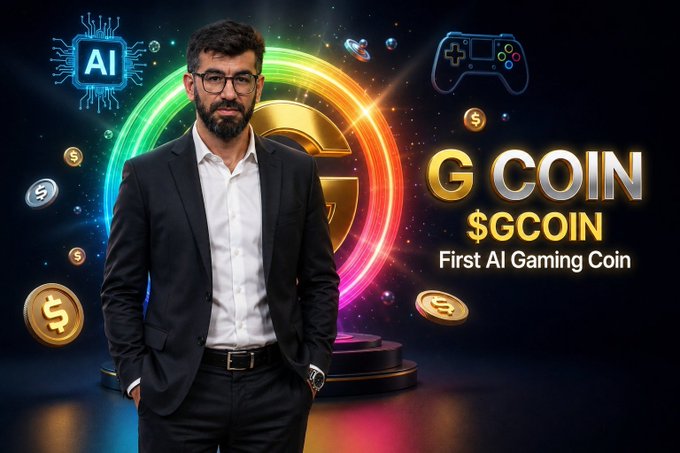 A confident man in a black suit and glasses stands in front of a vibrant, futuristic backdrop featuring the "G COIN" logo with the tagline "First AI Gaming Coin," along with AI, gaming controller, and dollar sign icons. The promotional image ties into the PI-NICOLAS SHARKER PARTNER PROGRAM, highlighting the lucrative $GCOIN opportunity and the thriving gaming community within the Playnance ecosystem.