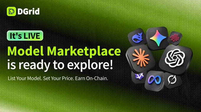 Promotional graphic for DGrid announcing 'It's LIVE - Model Marketplace is ready to explore! List Your Model. Set Your Price. Earn On-Chain.' featuring various AI model logos including ChatGPT, Claude, and others.