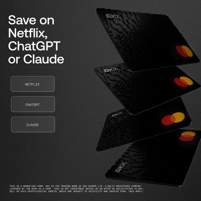 A sleek black OKX Mastercard ad highlights "Save on Netflix, ChatGPT or Claude" with three buttons featuring those service names, showcasing the card's perks of 50% cashback on subscriptions along with 2% cashback, no card fees, and zero FX markups mentioned in the post.