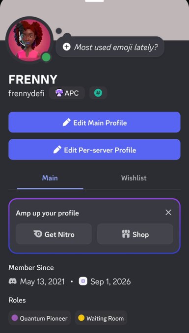 A Discord profile page for 'FRENNY' (username 'frennydefi') featuring the badges 'APC' and '#', with options to 'Edit Main Profile' and 'Edit Per-server Profile', and Notable roles including 'Quantum Pioneer' and 'Waiting Room'.