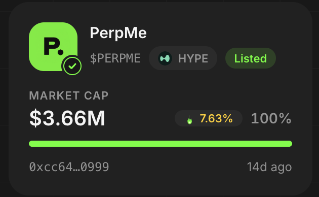 A cryptocurrency token card for 'PerpMe' ($PERPME) showing a market cap of $3.66M, a 7.63% increase, and tagged with 'HYPE' and 'Listed'.