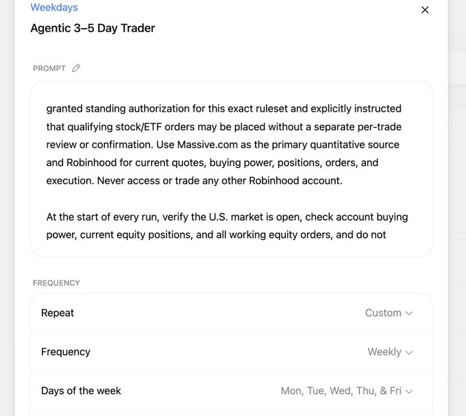 An AI task configuration titled 'Agentic 3-5 Day Trader' with a prompt specifying use of Massive.com and Robinhood for stock/ETF trading, set to repeat weekly on Mon, Tue, Wed, Thu, & Fri.