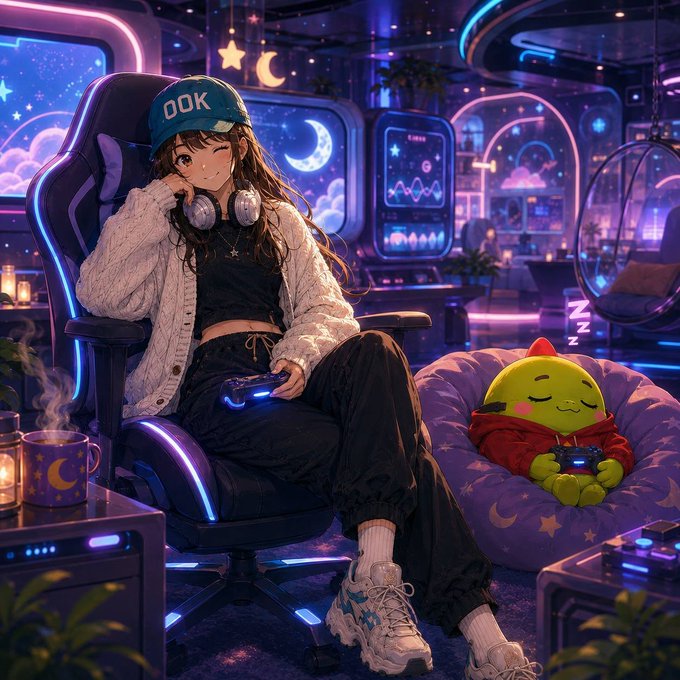 An anime-style illustration of a girl wearing an 'OOK' cap and headphones, sitting in a neon-lit gaming chair, with a sleeping green creature in a beanbag beside her.