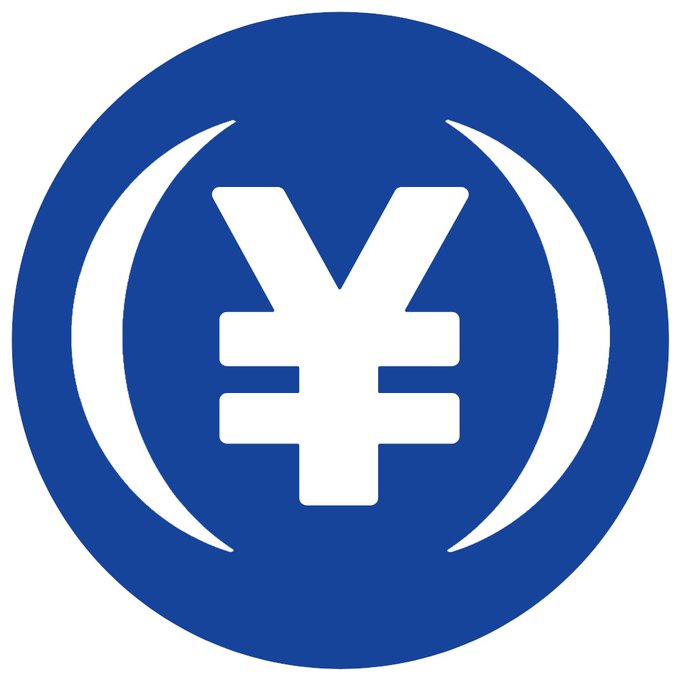 The image displays a blue circular logo featuring a white yen (¥) symbol at its center, flanked by two curved white lines resembling parentheses or sound waves. This logo represents JPYC, the Japanese yen stablecoin mentioned in the post, visually reinforcing the brand's association with Japanese currency as the company prepares for its October 2025 launch with features like 1:1 exchange and integration with LINE messaging platform.