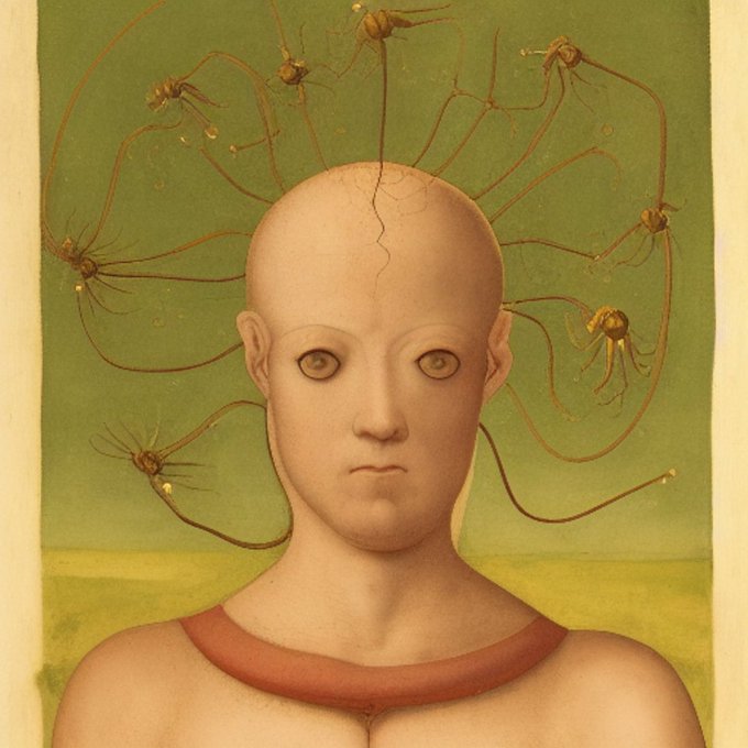A surreal painting depicting a pale, bald figure with root-like or vine-like tendrils sprouting from their head against a green background.