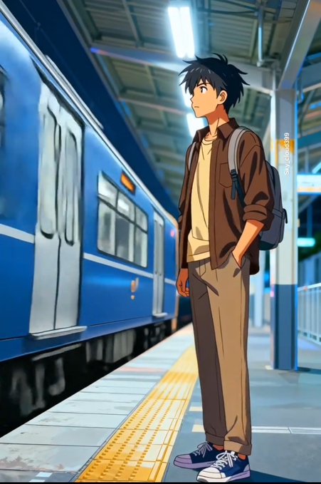 The image features a man standing next to a blue train at a station platform. The man has his hands in his pockets while he waits for the train to arrive. There are also two backpacks visible near him, one of which appears to be a messenger bag and the other a backpack.