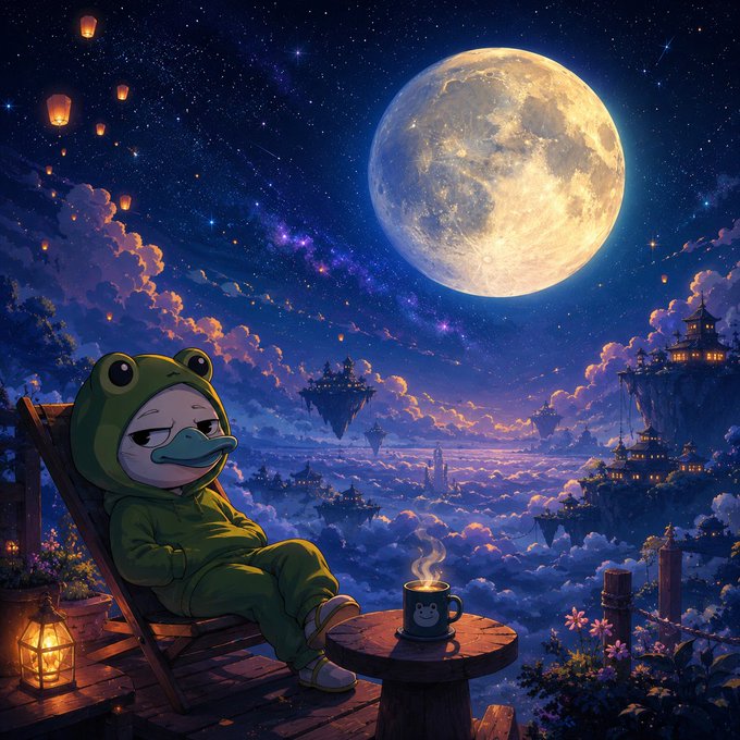 The image features a cartoon frog dressed in a green robe sitting on a wooden bench, with a cup of coffee in front of him. The background shows a night sky filled with stars and a full moon, creating an enchanting atmosphere. The caption above the image reads "Good Night CT Most Web3 apps want your attention @sleepagotchi rewards you for doing the opposite. If Move to Earn monetized movement Sleep might be the next Web3 primitive". This suggests that there is a connection between the cartoon frog's actions and the web3 movement, possibly indicating an advertisement or promotion related to the web3 space.