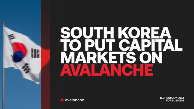 A promotional graphic featuring the South Korean flag alongside the text 'SOUTH KOREA TO PUT CAPITAL MARKETS ON AVALANCHE' and the Avalanche logo with the tagline 'TECHNOLOGY BUILT FOR BUSINESS'.