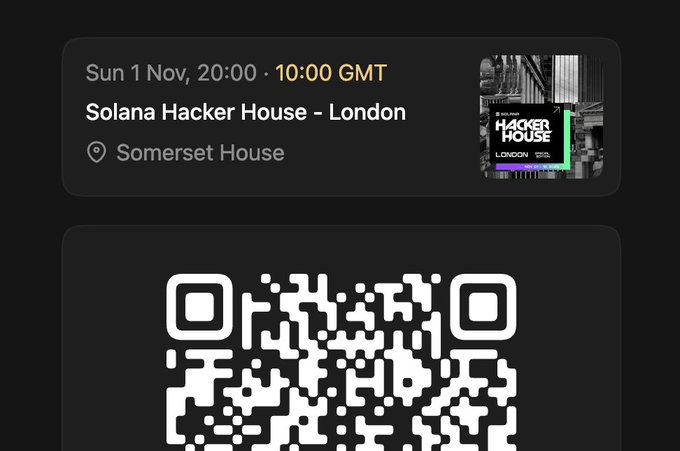 An event listing for 'Solana Hacker House - London' at Somerset House on Sun 1 Nov, 20:00 (10:00 GMT) accompanied by a QR code for registration.