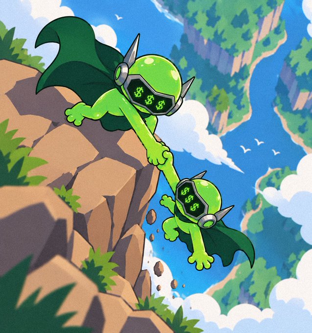 An illustration of two green, alien-like characters with dollar signs on their visors and green capes climbing down a rocky cliff face against a backdrop of blue skies, clouds, and forested mountains.