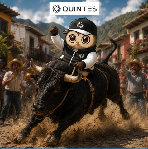 A cartoon owl mascot wearing a black cap and vest rides a charging bull through a dusty village street, with the "QUINTES" logo displayed prominently at the top. The image visually reinforces the bullish sentiment of the post, with the bull symbolizing strong market optimism and the "QUINTES" branding tying the scene to the project's promise of secure, overcollateralized assets.