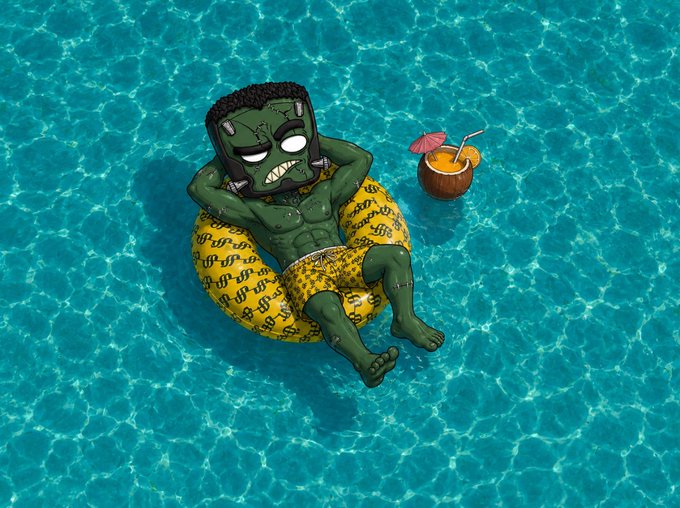 A cartoon illustration of a green-skinned Frankenstein-like character relaxing in a yellow dollar-sign inner tube in a blue pool, with a tropical drink floating nearby.