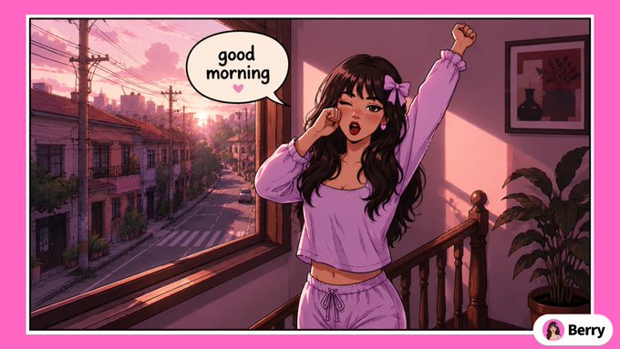 An anime-style illustration of a girl in purple pajamas stretching with a speech bubble reading 'good morning' and a heart, with a 'Berry' watermark in the corner.