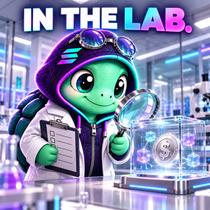 A cartoon turtle character wearing goggles and a lab coat holds a clipboard and magnifying glass in a laboratory setting, with 'IN THE LAB.' text and a dollar sign cube nearby.