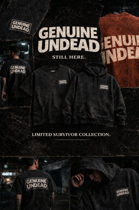 A promotional advertisement for the 'GENUINE UNDEAD STILL HERE' limited survivor collection, featuring distressed black t-shirts and hoodies with the brand's logo.