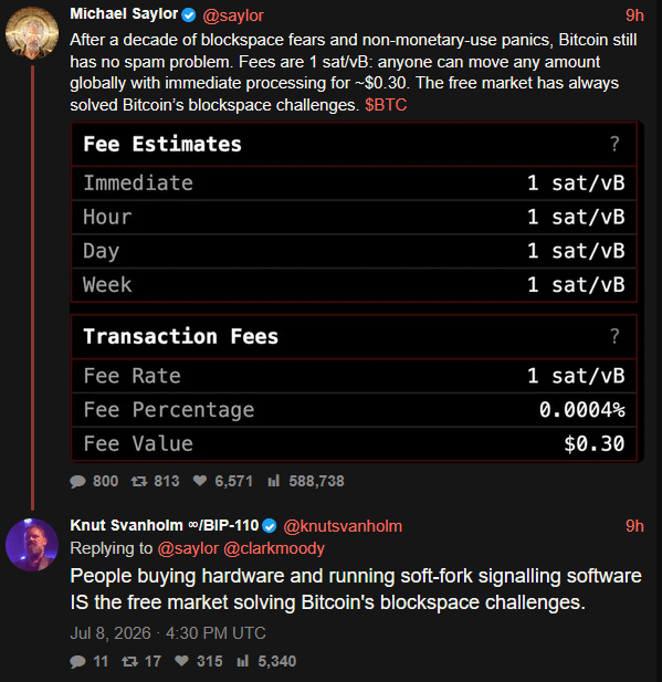 A screenshot of a Twitter post by Michael Saylor (@saylor) discussing Bitcoin transaction fees, showing 'Fee Estimates' and 'Transaction Fees' of 1 sat/vB, with a reply from Knut Svanholm (@knutsvanholm) below.