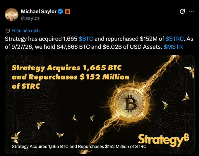 A post by Michael Saylor (@saylor) announcing that Strategy has acquired 1,665 BTC and repurchased $152 million of STRC, bringing holdings to 847,666 BTC and $6.02B in USD Assets as of 9/27/26, with a graphic showing a golden Bitcoin coin and the headline "Strategy Acquires 1,665 BTC and Repurchases $152 Million of STRC."