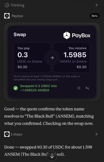 A mobile app screenshot showing a Paybox crypto swap interface converting 0.3 USDC for 1.5985 ANSEM on Solana, with AI thinking text confirming the swap.