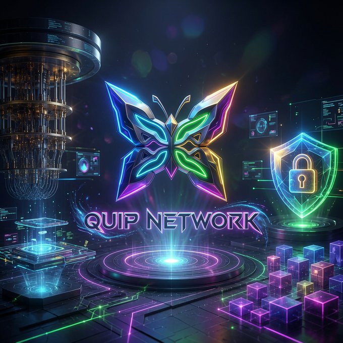A vibrant neon digital artwork featuring a colorful butterfly logo and the text "QUIP NETWORK" alongside a glowing padlock shield, set against a cyberpunk tech background with server towers and holographic displays.