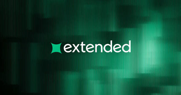 The image displays the "extended" logo in white text with a teal geometric icon on a dark green background with vertical line patterns, branding for Extended, a perpetual DEX. This matches the post, which references bullish enthusiasm for Extended's Perp DEX platform, with the 168:00:00 likely indicating a trading position or timing detail.
