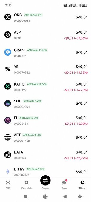 A mobile app screenshot showing cryptocurrency prices and APR rates, including OKB, ASP, GRAM, YB, KAITO, SOL, PI, APT, DATA, and ETHW, with an "OKX" interface.